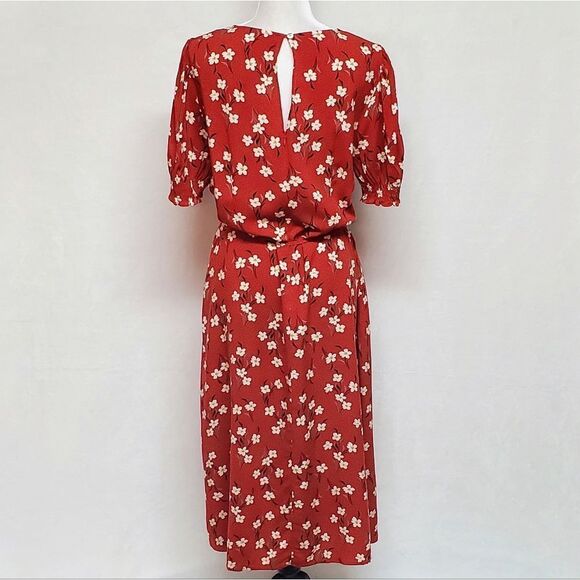 VINTAGE Red White Floral Boho Smocked Sleeve Keyhole Belted Maxi Dress Large - Picture 9 of 12